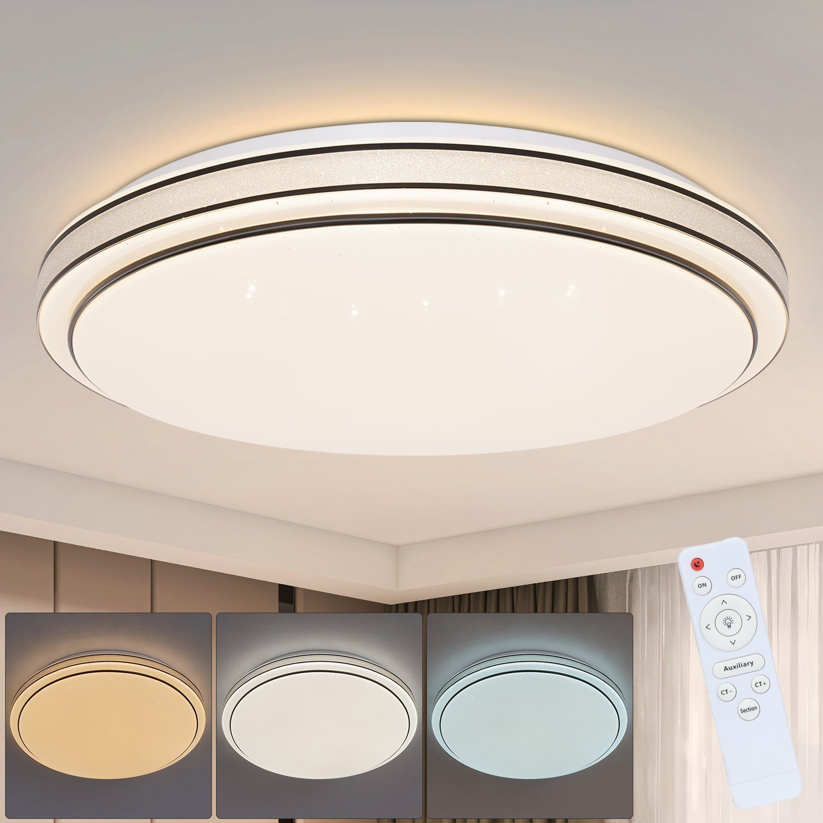 NETTLIFE moderne LED loftlampe, rund 27 cm stjernehimmel, dæmpbar. Med fjernbetjening, 23 W, soveværelseslampe, til stue. Til køkken.