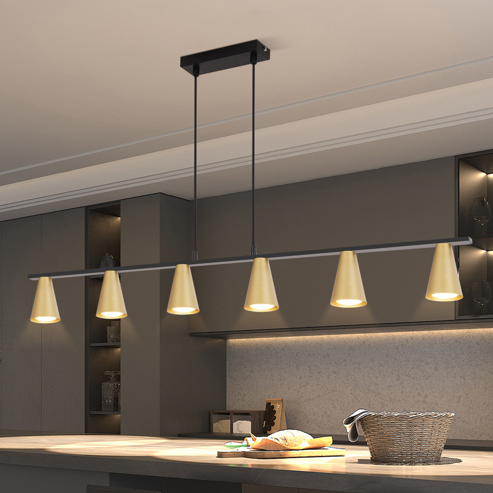 NETTLIFE pendellampe til spisebord, pendellampe GU10: 6 lyskilder, spisestuelampe, sortguldmetal, moderne industriel stil