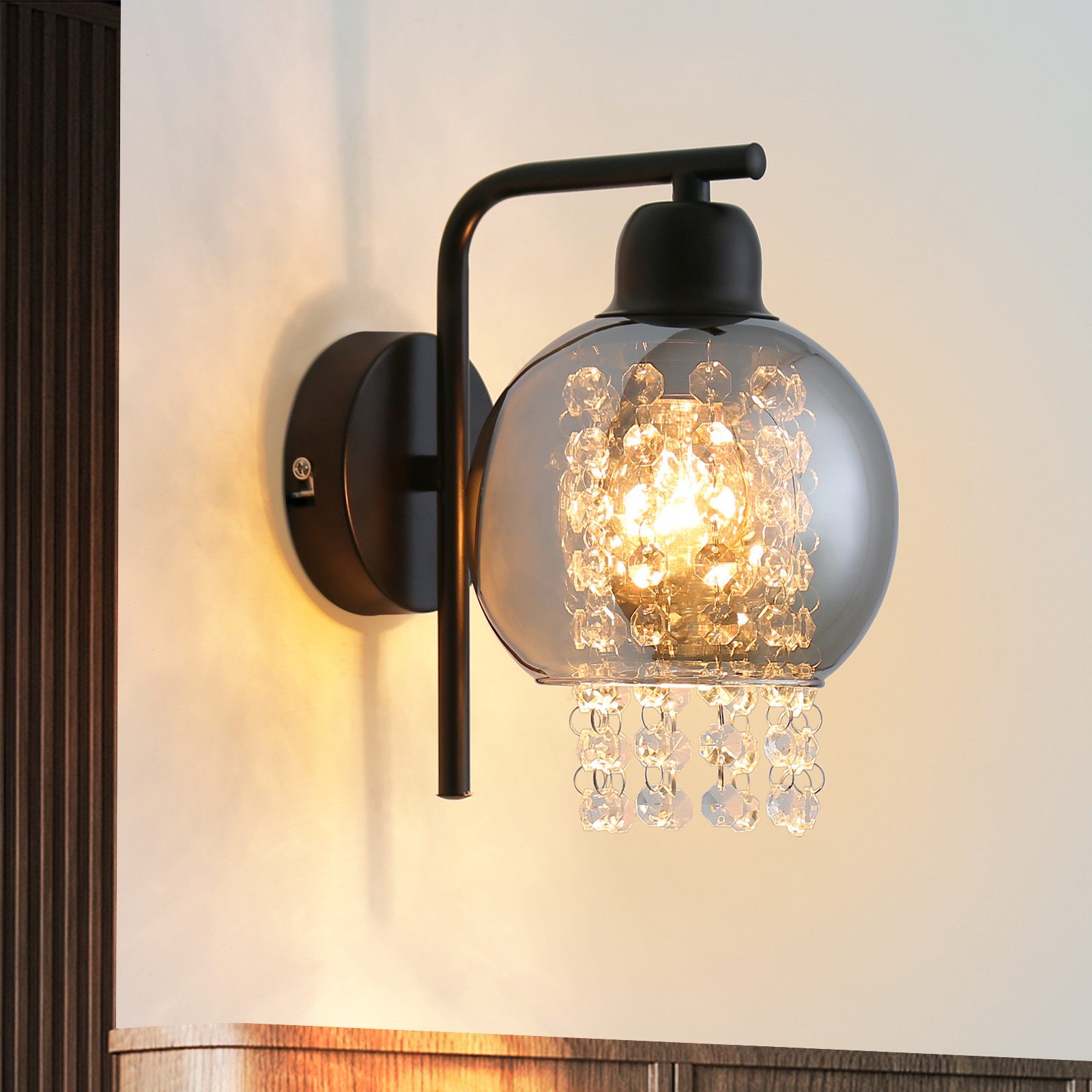 NETTLIFE Røggrå, glas, væglampe med krystalkugle, E27, til soveværelse, moderne, indendørs entrélampe
