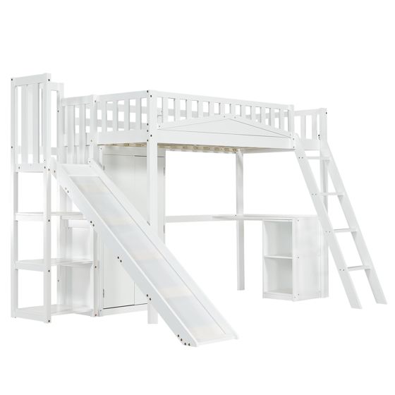 Køjeseng 90 x 200 cm, hvid fyrretræ, sikkerhedsgelænder + bord + garderobe + fire-trins stige