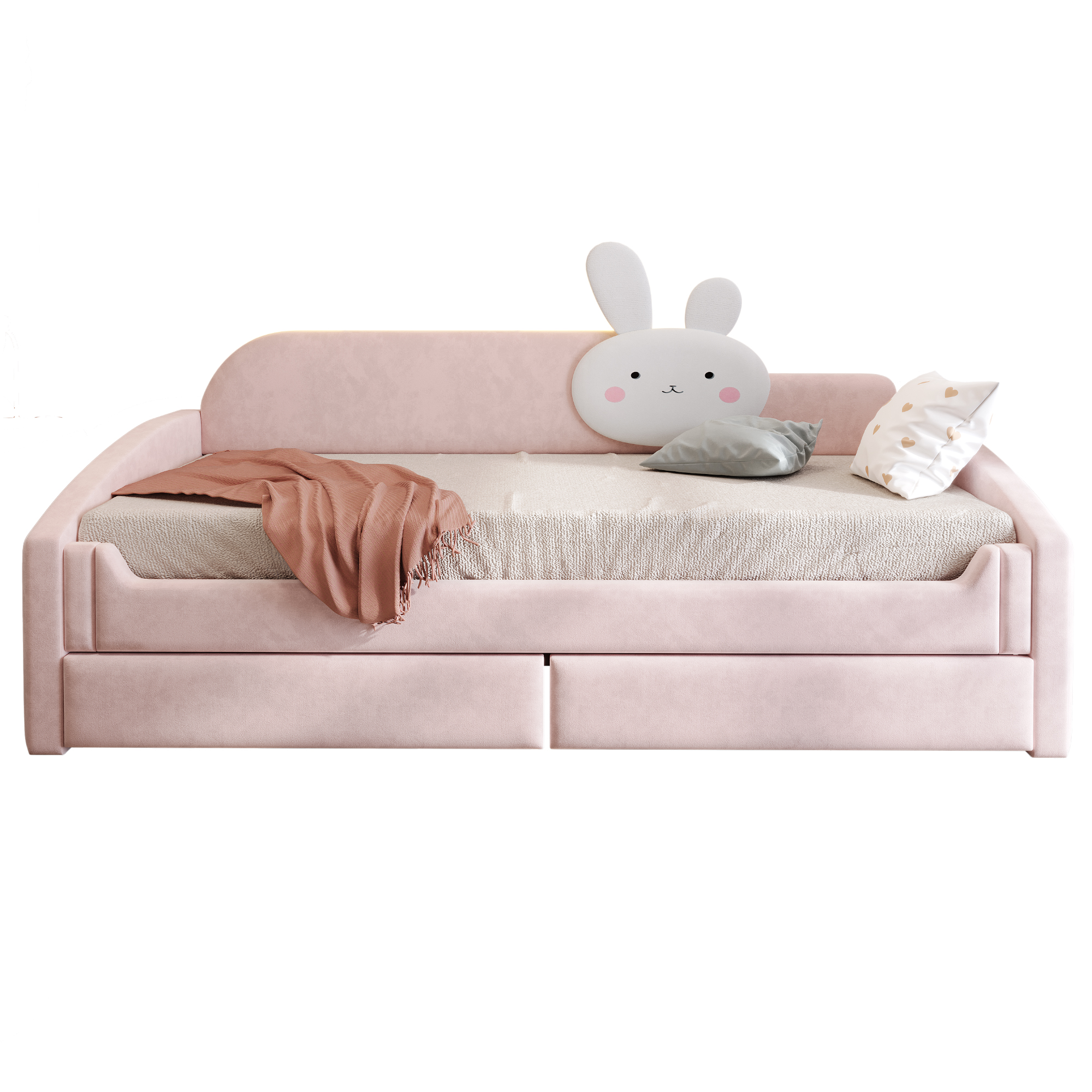 seng 90x200 cm rosa upholstered med opbevaring skuffer og led-belysning