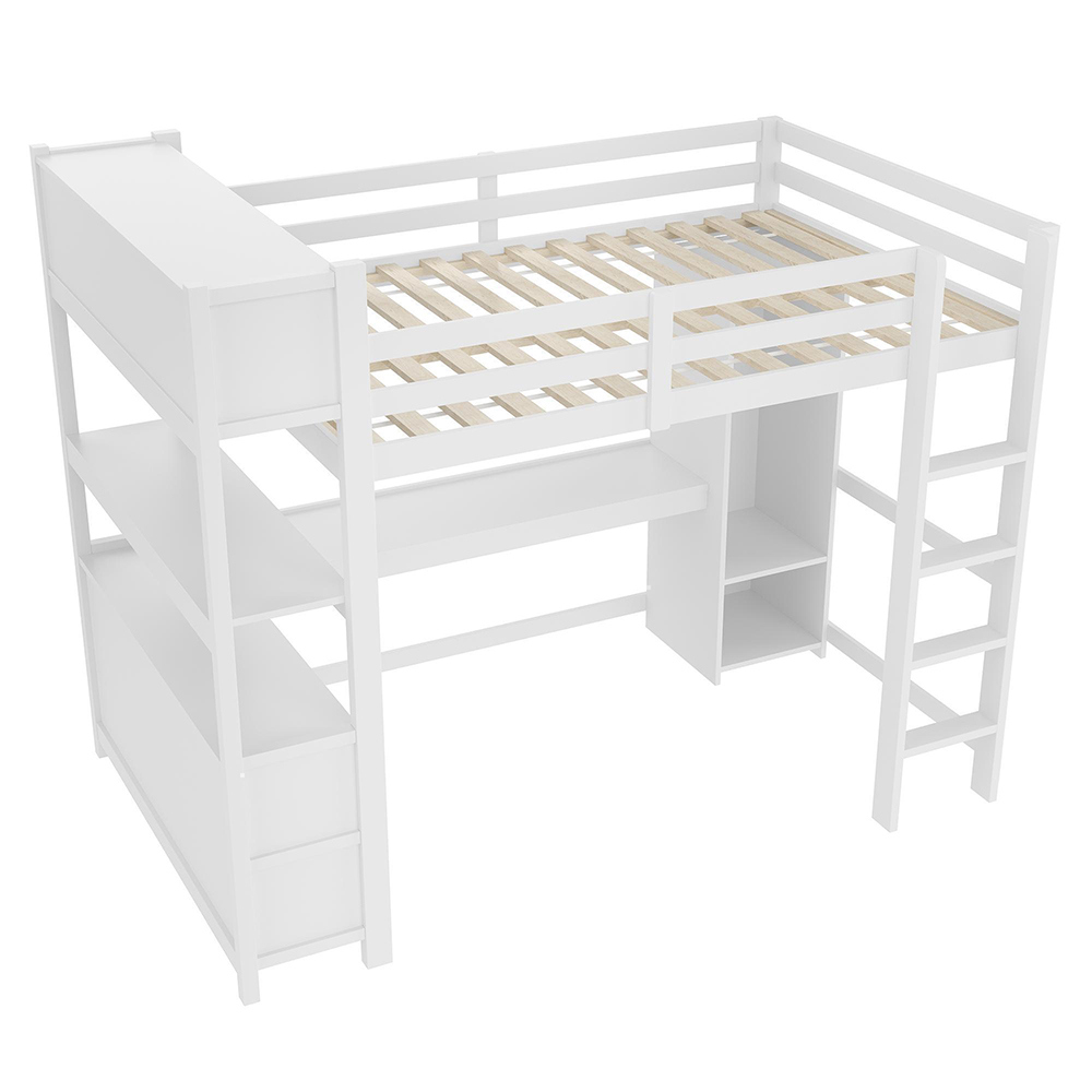 Højseng 140 x 200 cm, Hvid, Hylder + Opbevaringsrum + Skrivebord + Garderobe