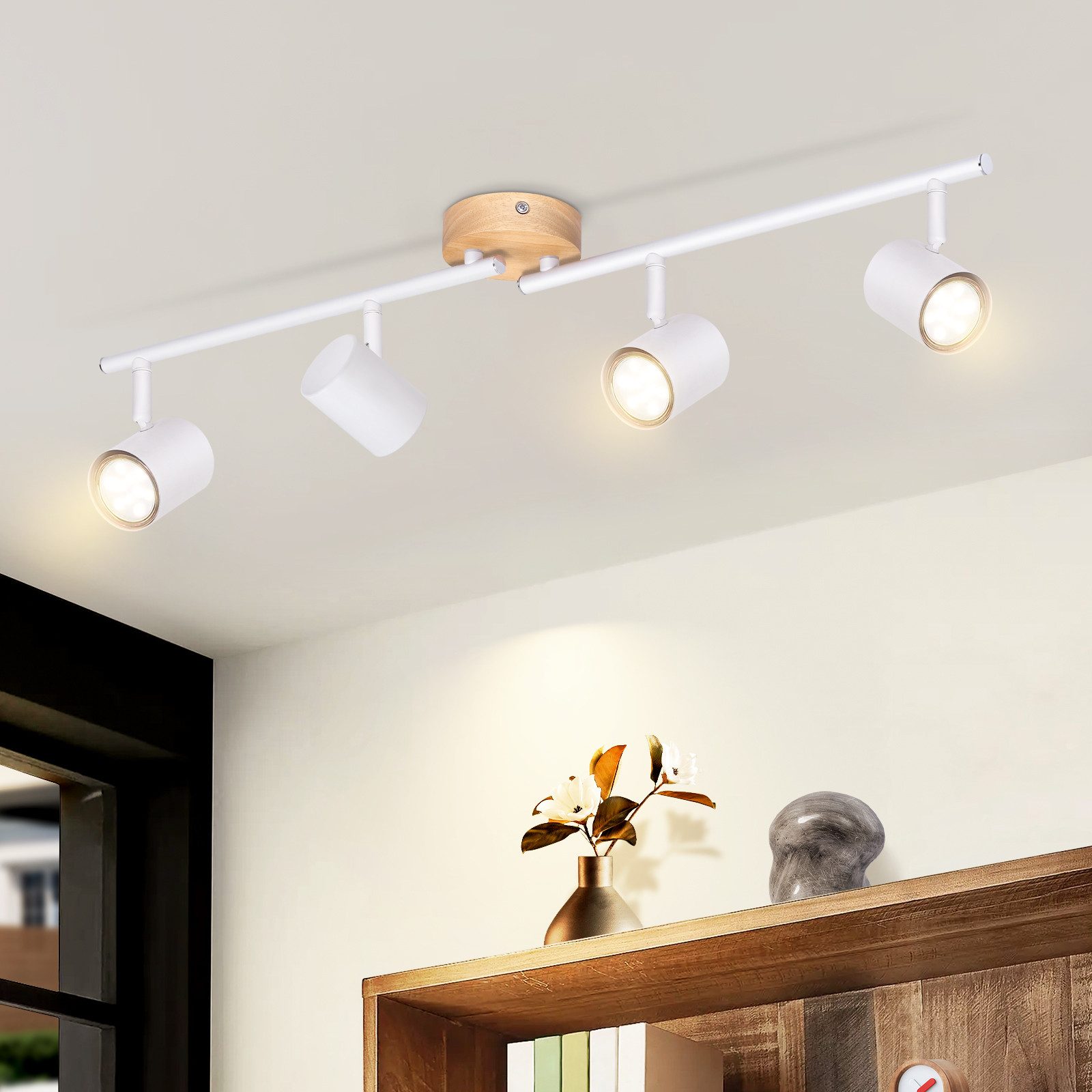 NETTLIFE LED - loftslampe med 4 flammer - hvid loftslampe med GU10 drejespot i træ uden pære