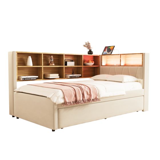 seng 90x200 cm beige flanell med LED-belysning og opbevaringsplads