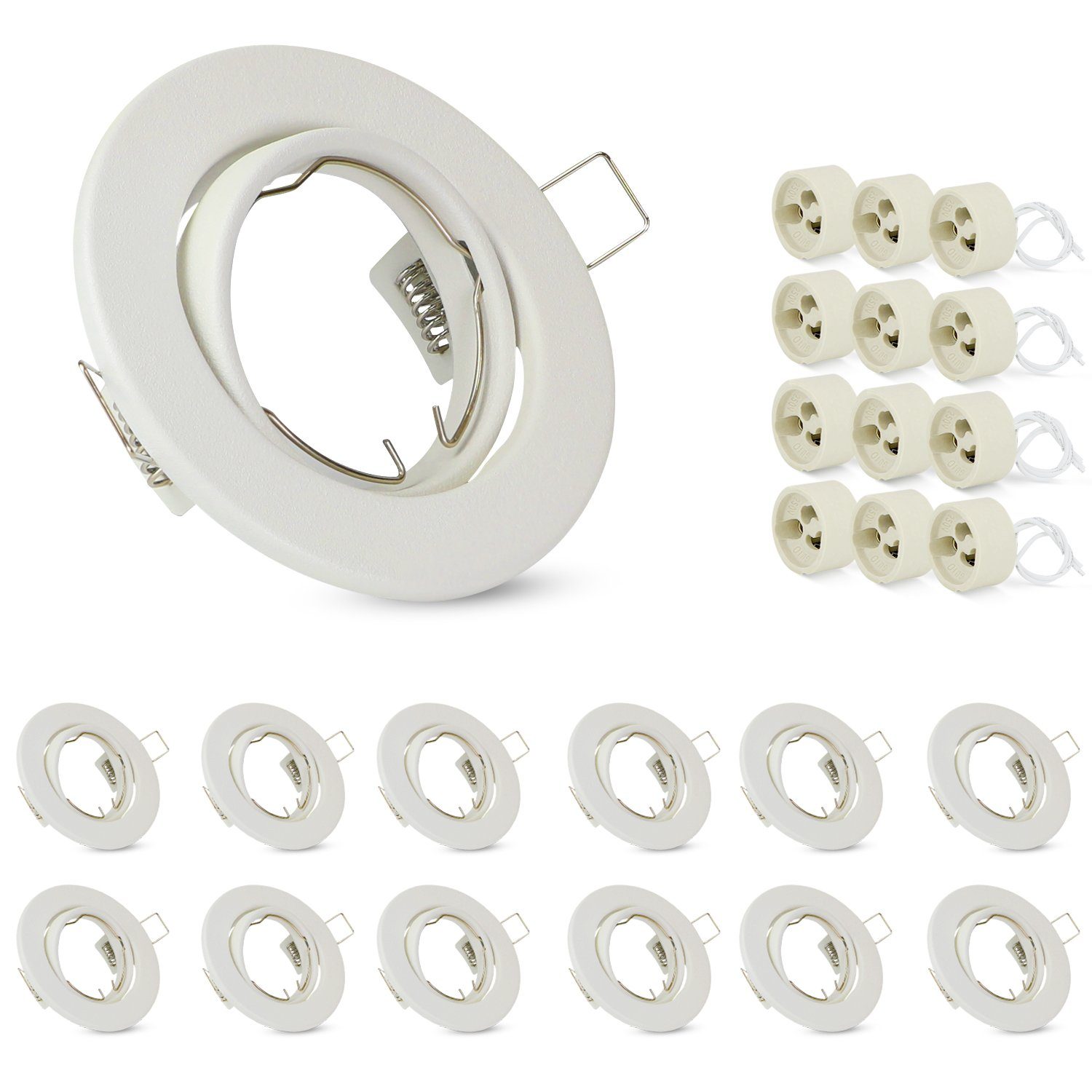 NETTLIFE - sæt med 12 GU10 spotlights, hvide, indbygget armaturhus, 230 V, 50 mm, metalfatninger, 30°, justerbar til LED - halogen