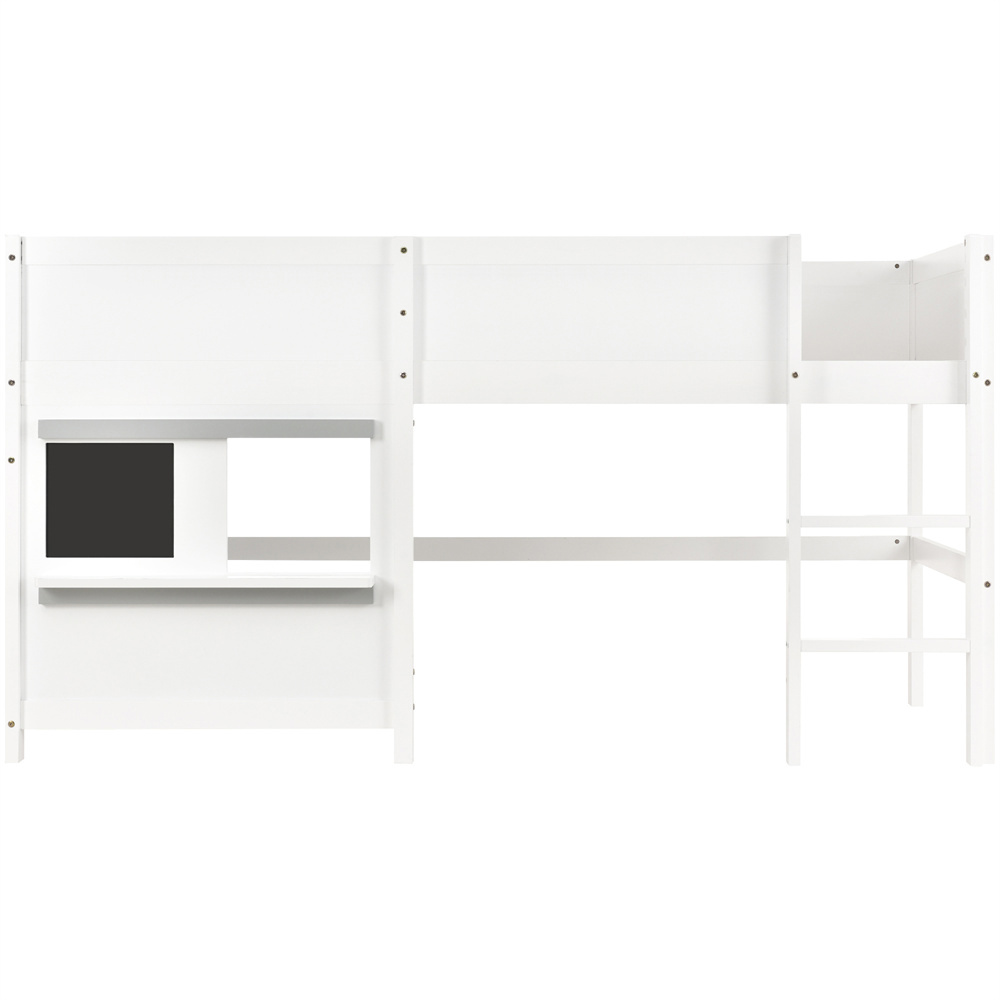 Køjeseng hytte 90 x 200 cm, hvid, 2 hylder, griffeltavle