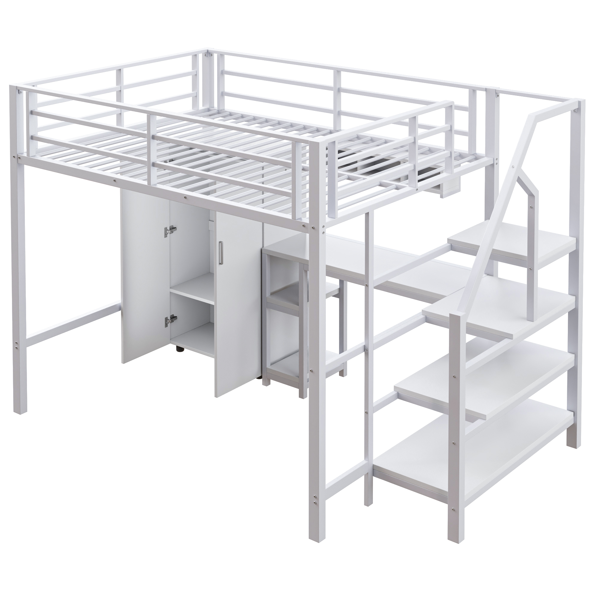 Højseng 140 x 200 cm, hvid metal, garderobe + hylder + opbevaringstrappe + skrivebord