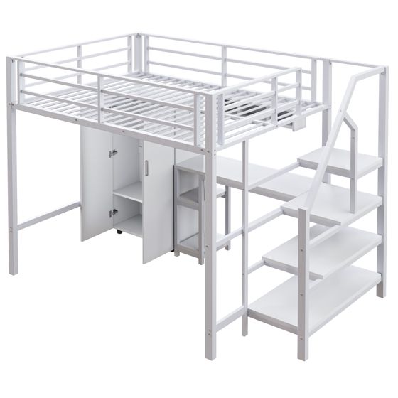Højseng 140 x 200 cm, hvid metal, garderobe + hylder + opbevaringstrappe + skrivebord