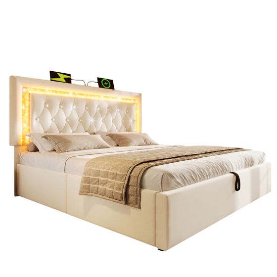seng 140x200 cm beige i fløjl med LED-belysning, hydraulisk opbevaring og USB type-c ladestation