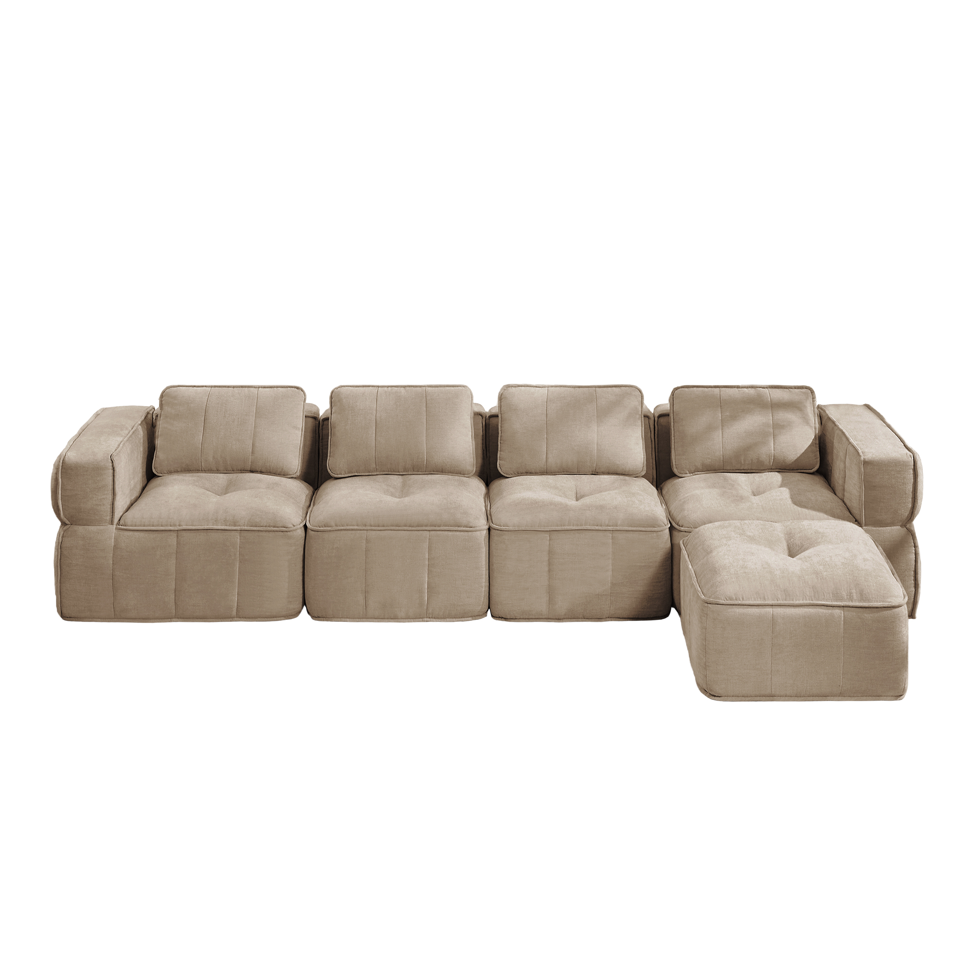 4-personers sofa med skammel, minimalistisk, polyester-sandfarvet