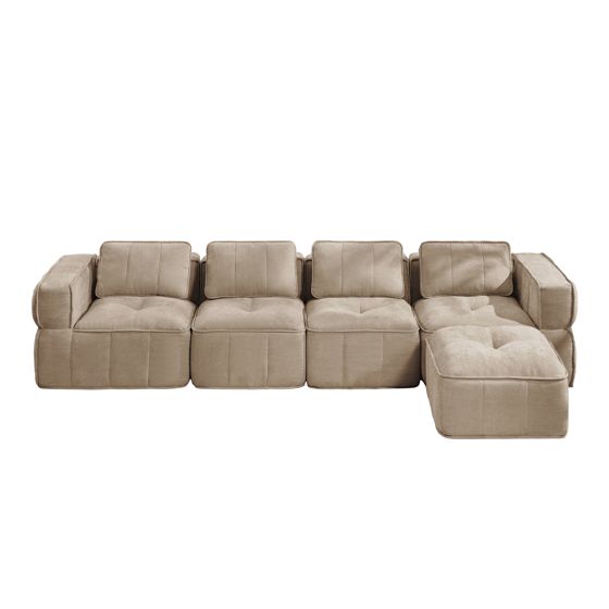 4-personers sofa med skammel, minimalistisk, polyester-sandfarvet