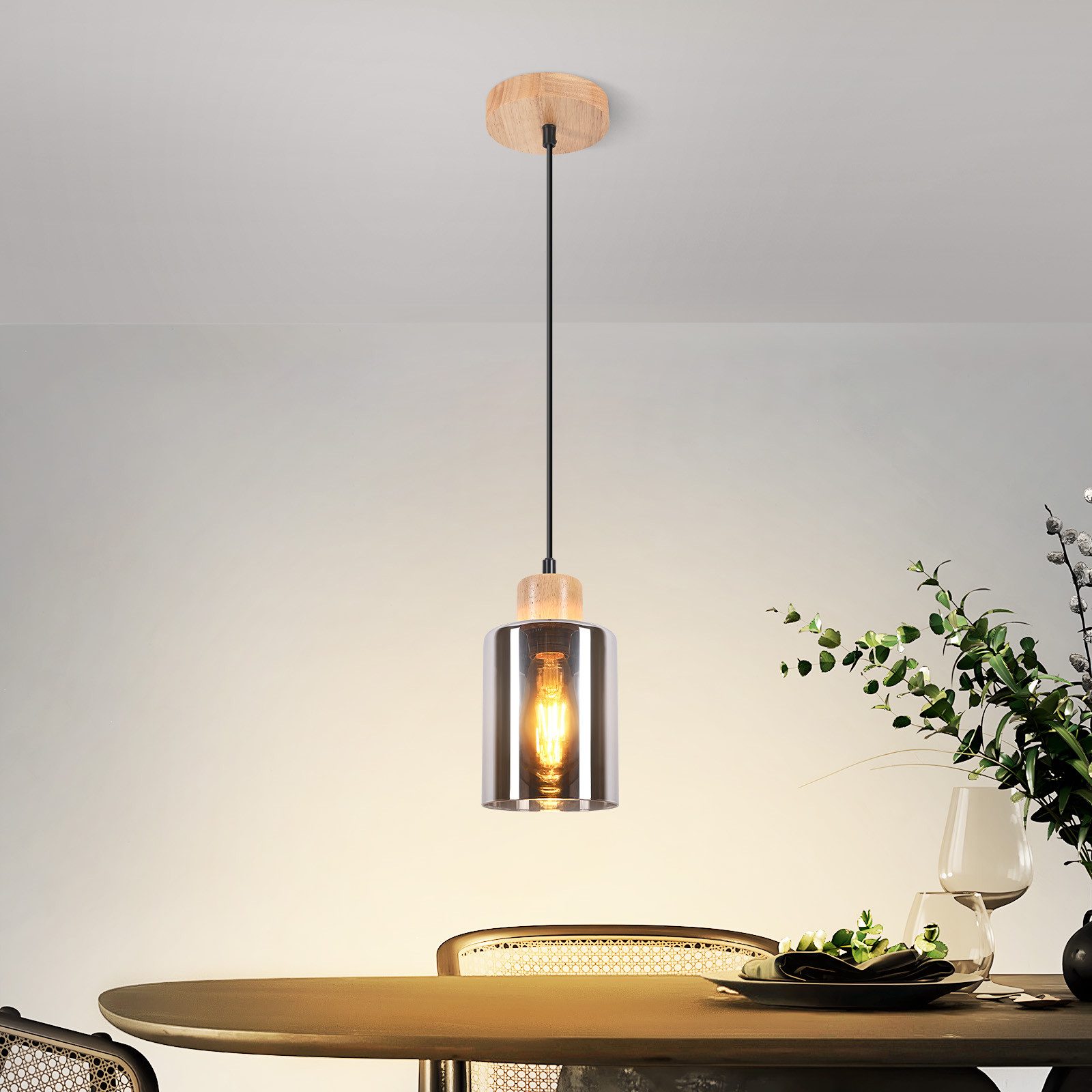 NETTLIFE træpendellampe, E27 pendellampe, vintage spisebordslampe i glas