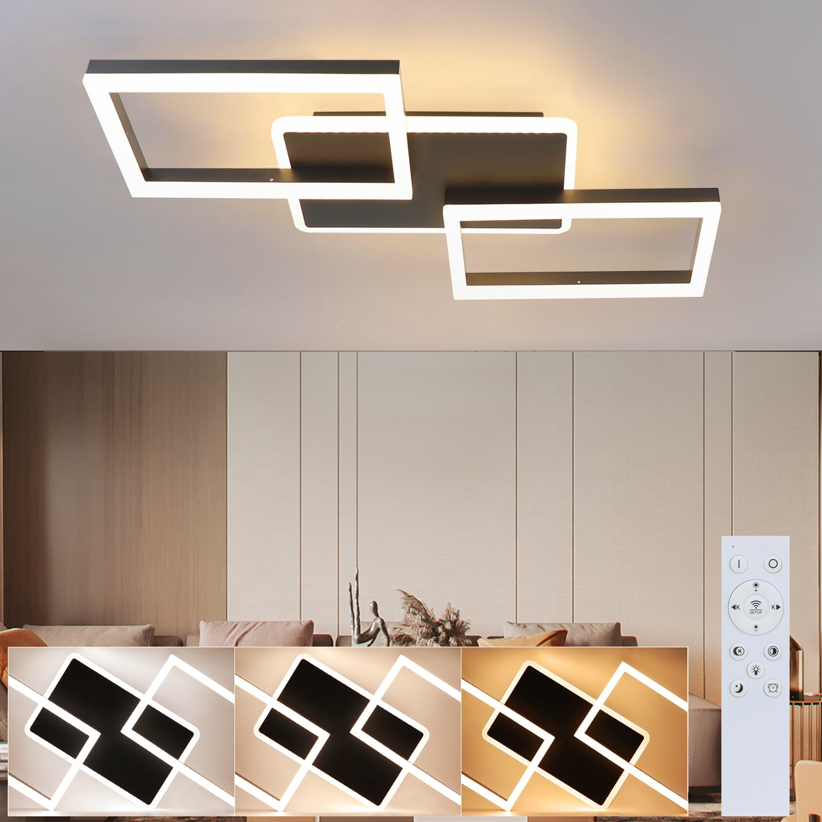 NETTLIFE LED - loftlampe, til stuen, 48W, dæmpbar, stuelampe, moderne, design - lampe, sort Med fjernbetjening