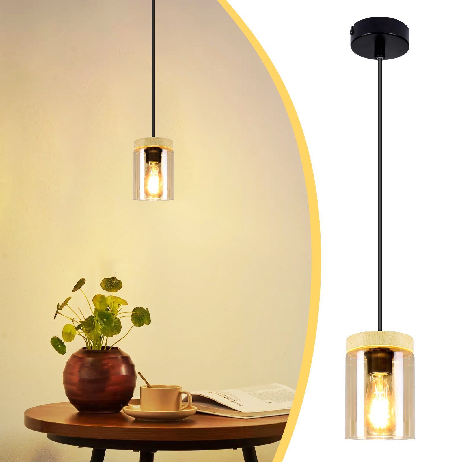 NETTLIFE pendellampe E27 Vintage sort, diameter 12 cm træ, metal med glasskærm, til spisestue/køkken