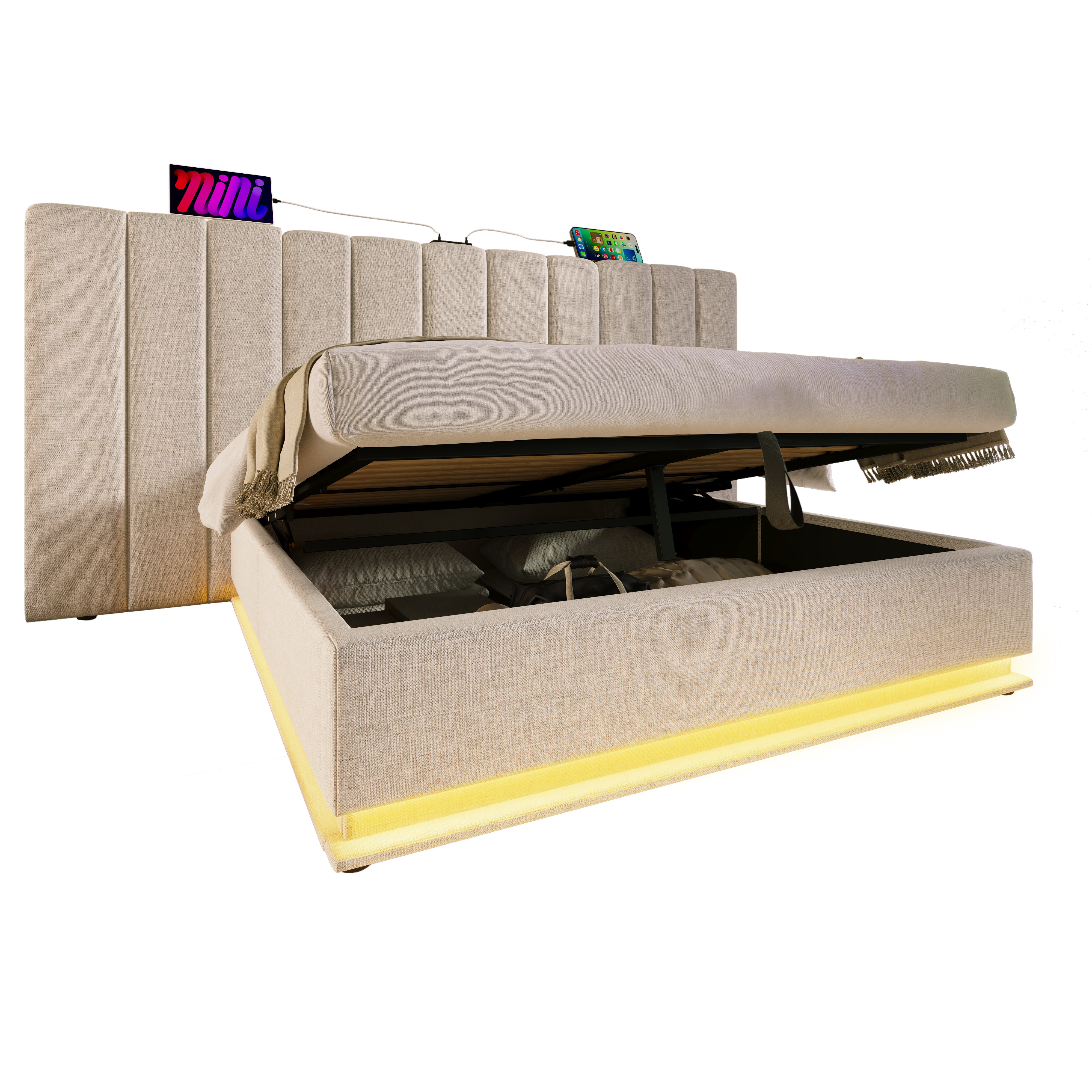 seng 160x200 cm beige i liinen med LED-belysning og USB-C ladefunktion