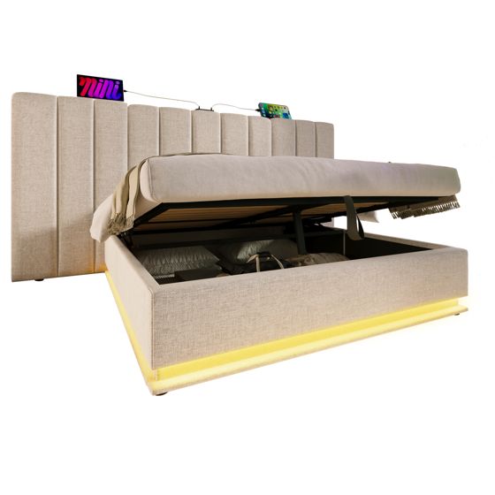 seng 160x200 cm beige i liinen med LED-belysning og USB-C ladefunktion