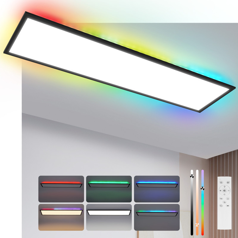 NETTLIFE LED-panel 100 x 25 cm dæmpbar RGB-baggrundsbelysning farveskiftende flad loftslampe med fjernbetjening sort 24W