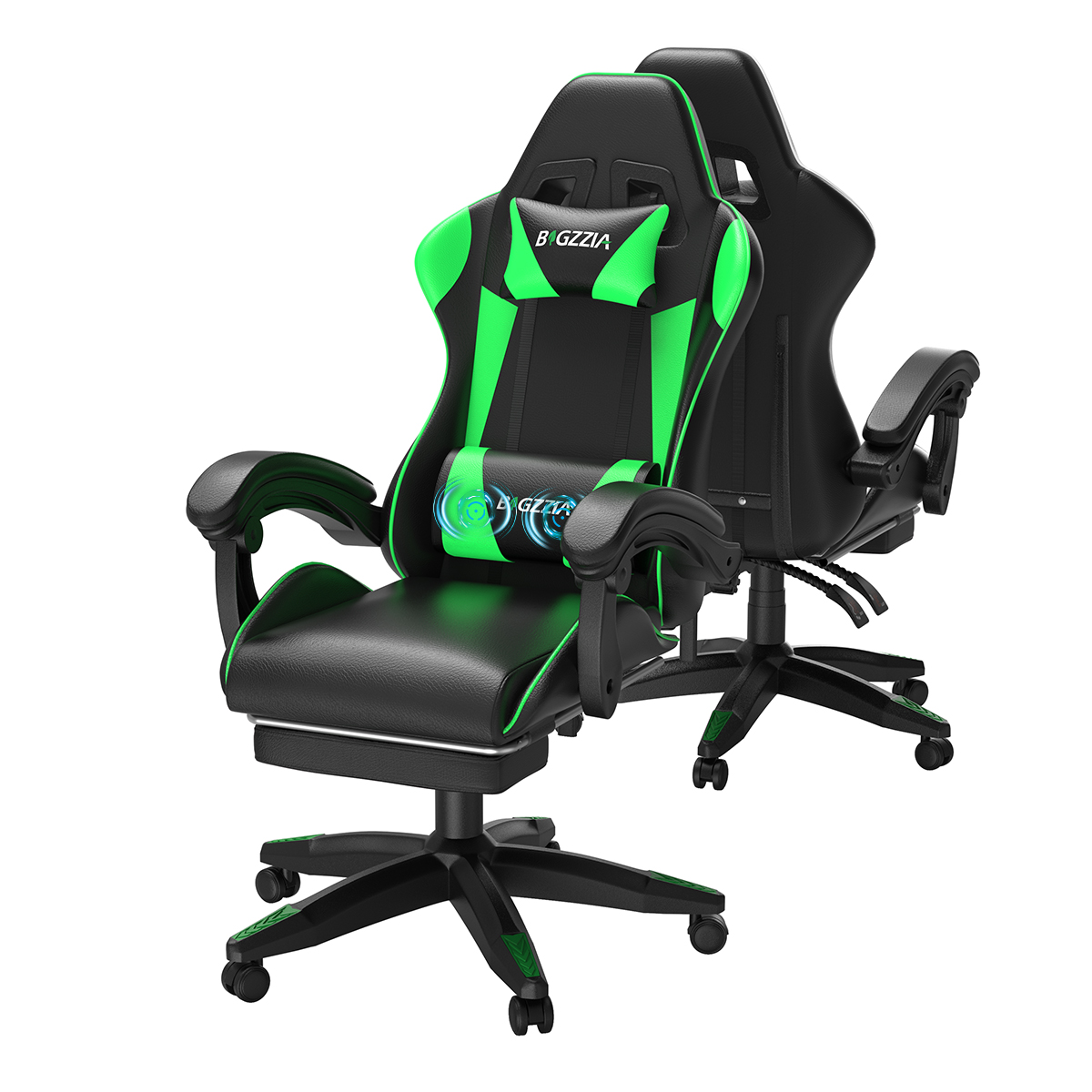Gamingstol A02 ergonomisk massage lændestøtte fodstøtte hældning 90 135 gaming arbejde sort grøn
