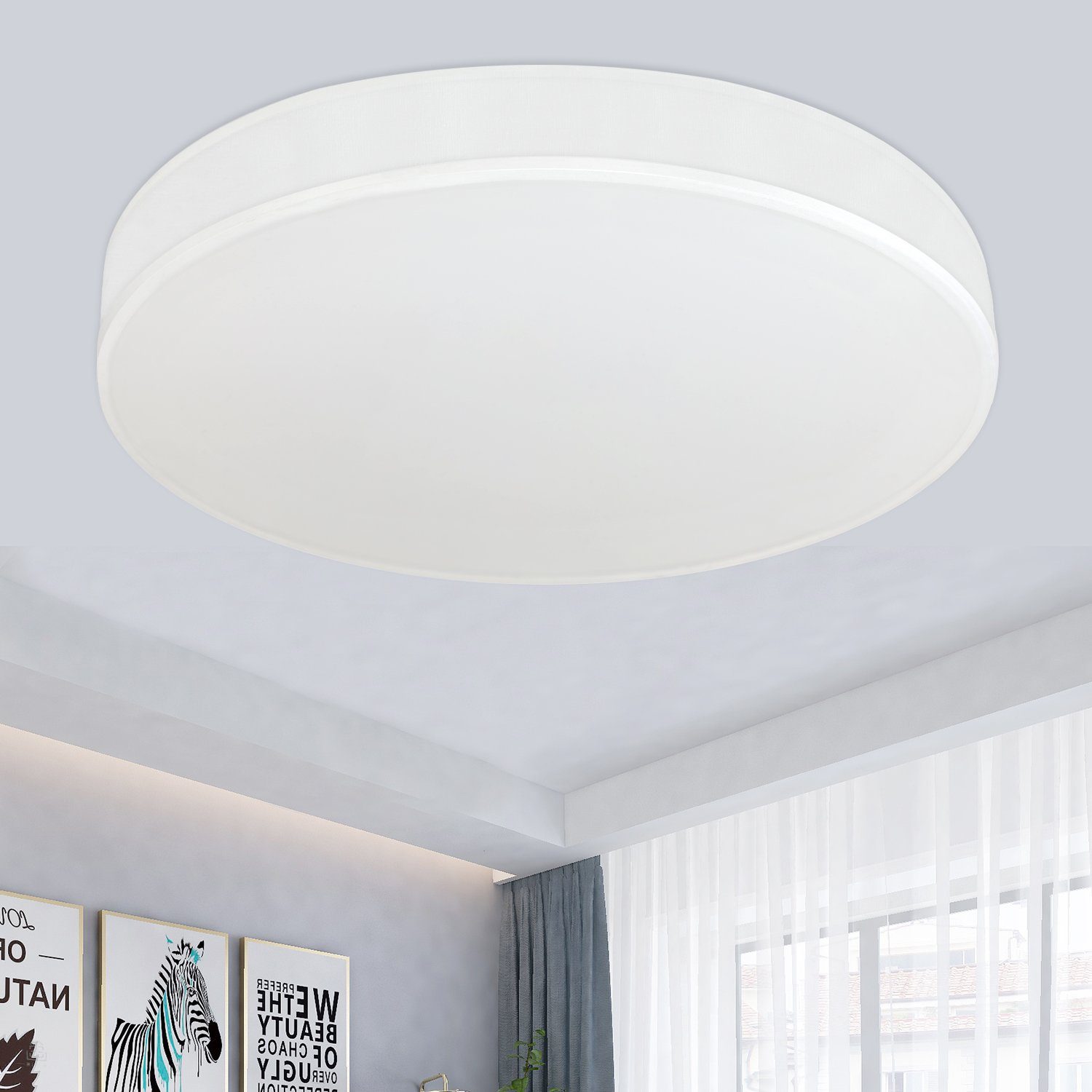 NETTLIFE Modern 30 cm, rund hvid, LED loftslampe, 12 W med stofskærm 3000K varm hvid til stue, soveværelse