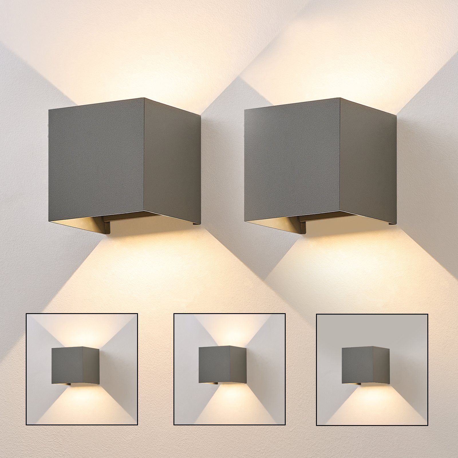 NETTLIFE 5W, LED - væglampe, 2 stk. - Udendørs/indendørs væglampe, grå, justerbar Dobbeltstrålende Vandtæt, IP65, 230V, 3000K