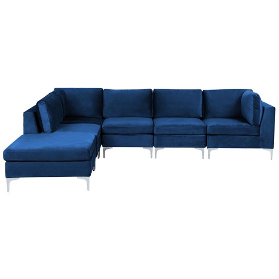 Hjørnesofa modul 5 personers EVJA med fodskammel Velour Navy Blå Højrevendt