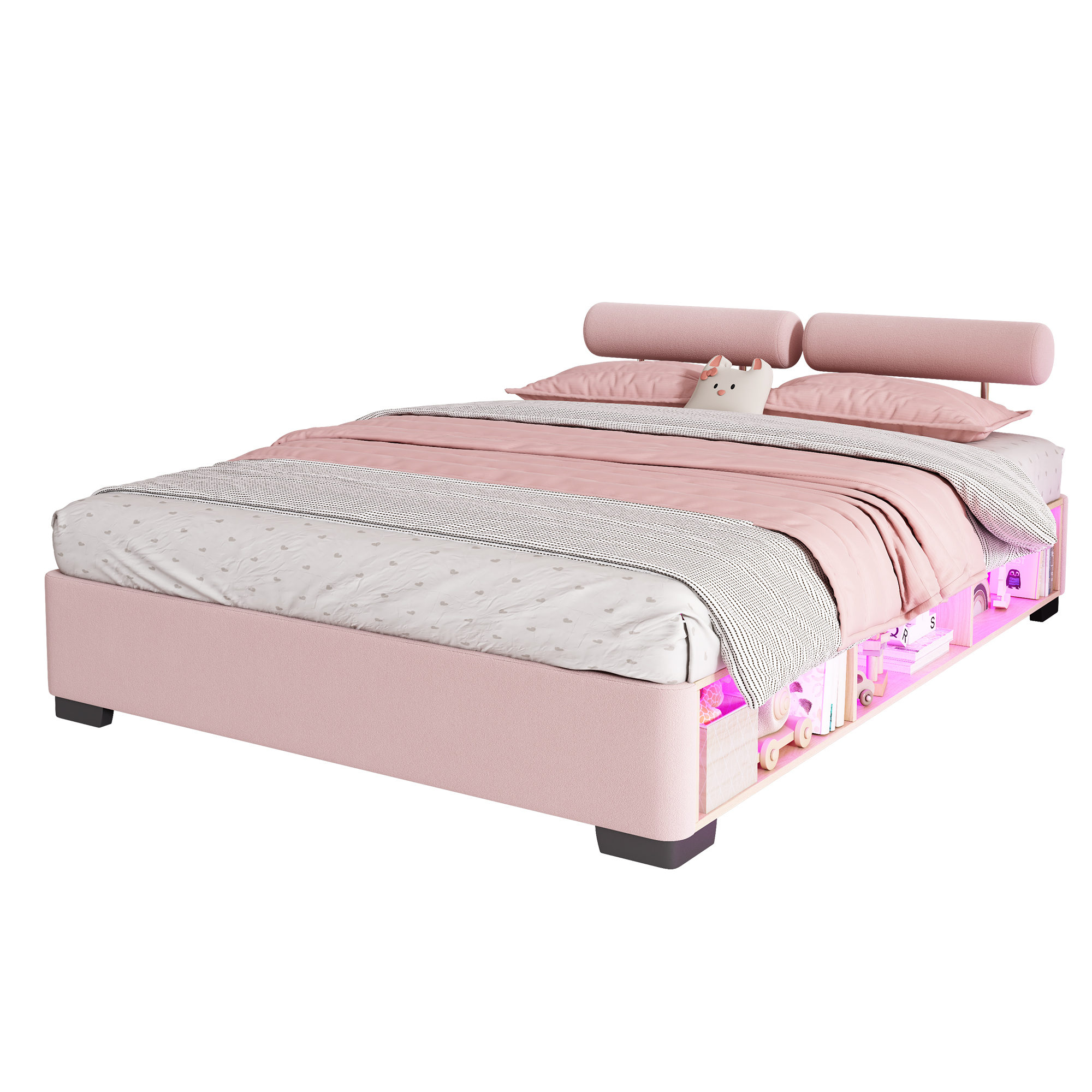seng 140x200 cm rosa fløjl med led-sidered og åben opbevaring