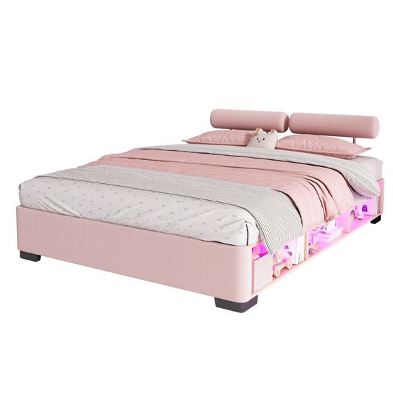 seng 140x200 cm rosa fløjl med led-sidered og åben opbevaring