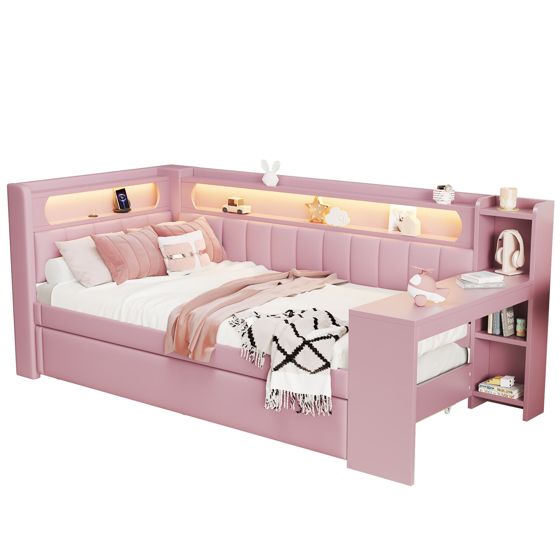 seng 90x200 cm rosa mdf og spærtræ med usb, led-belysning og udtrækkenseng