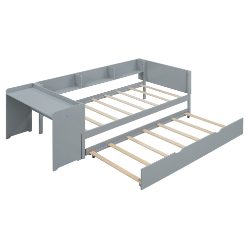 Udtrækkelig seng 90 x 200 cm, grå fyrretræ, skrivebord + 3 hylder