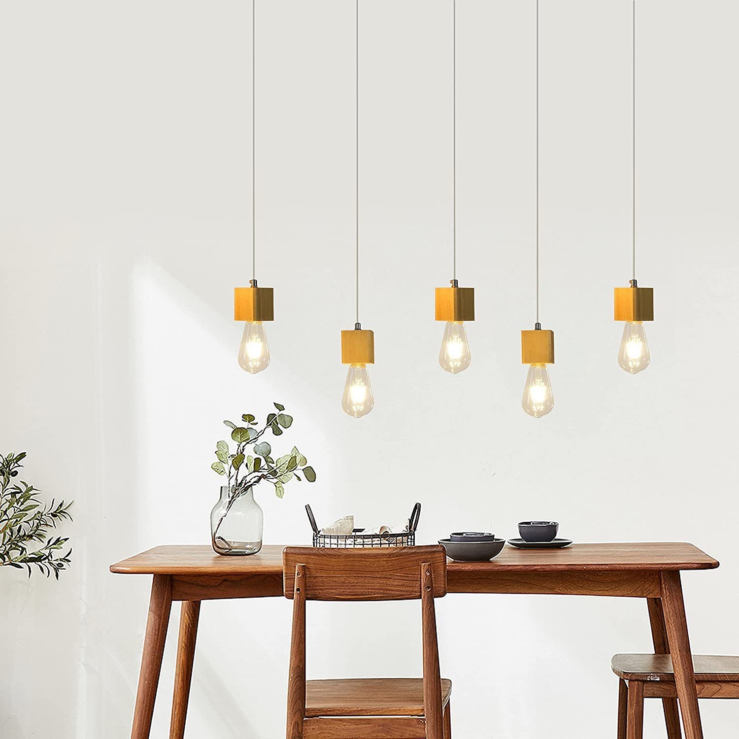 NETTLIFE 5-flammet pendellampe E27, træ Vintage, diameter 60 cm til spisestue Til køkken, stue, uden pære