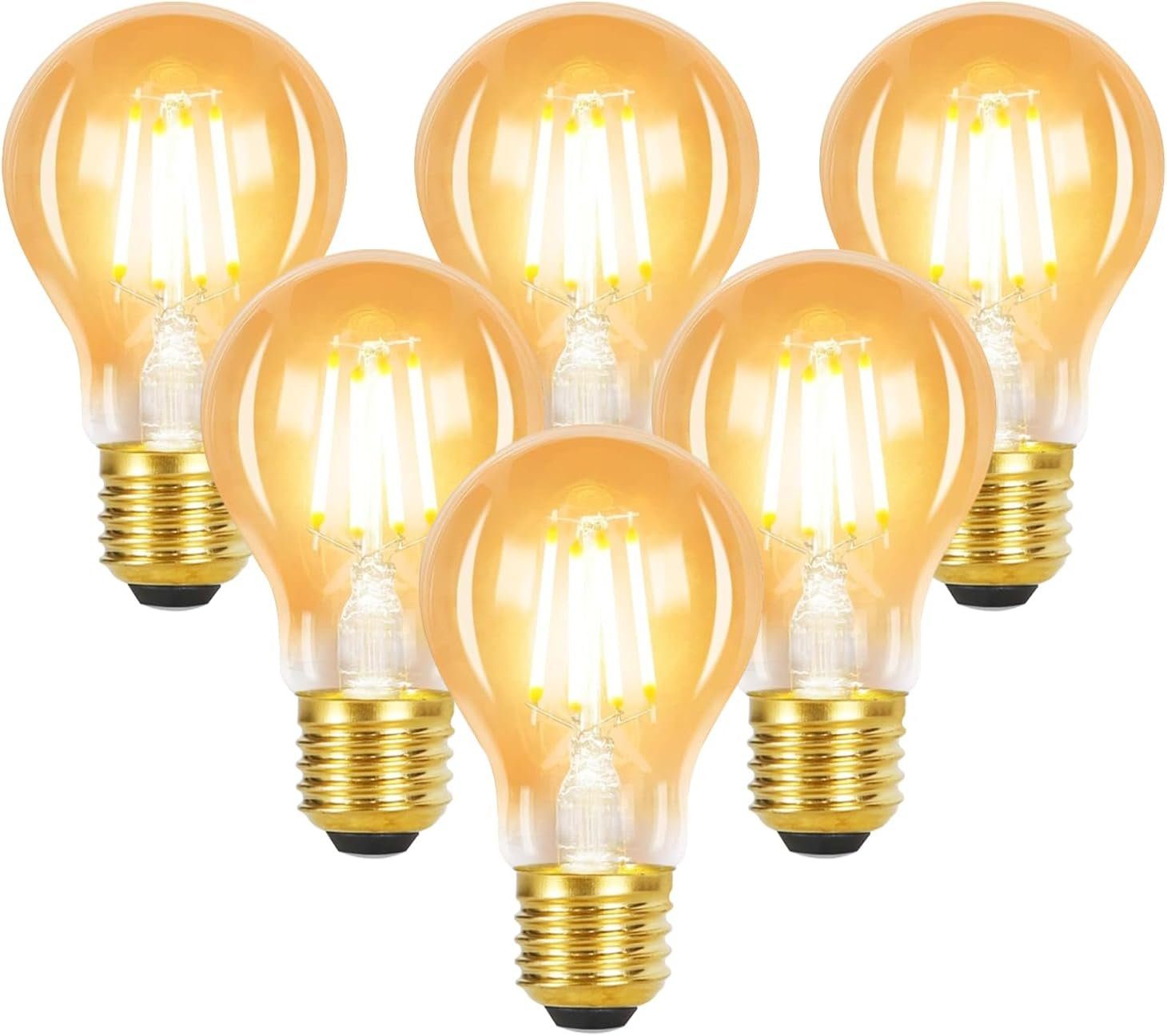 NETTLIFE 6 stk. E27 LED-pærer, varm hvid, A60, vintage, 4 W, 2700 K, Edison-glødetråd, retro energisparepære til hjemmebrug