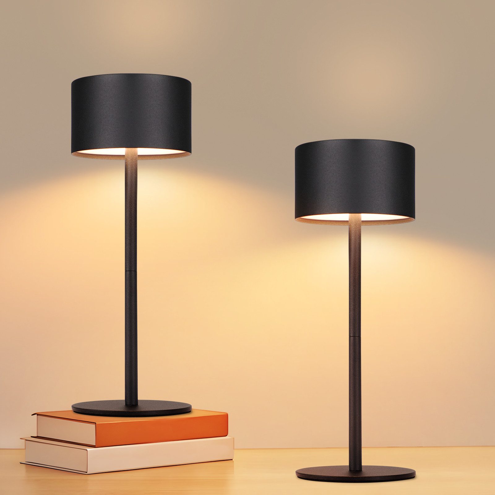 NETTLIFE Trådløs LED-bordlampe, 2 stk.: Dæmpbar touch-bordlampe, 3 farvetemperaturer, højdejusterbar, USB