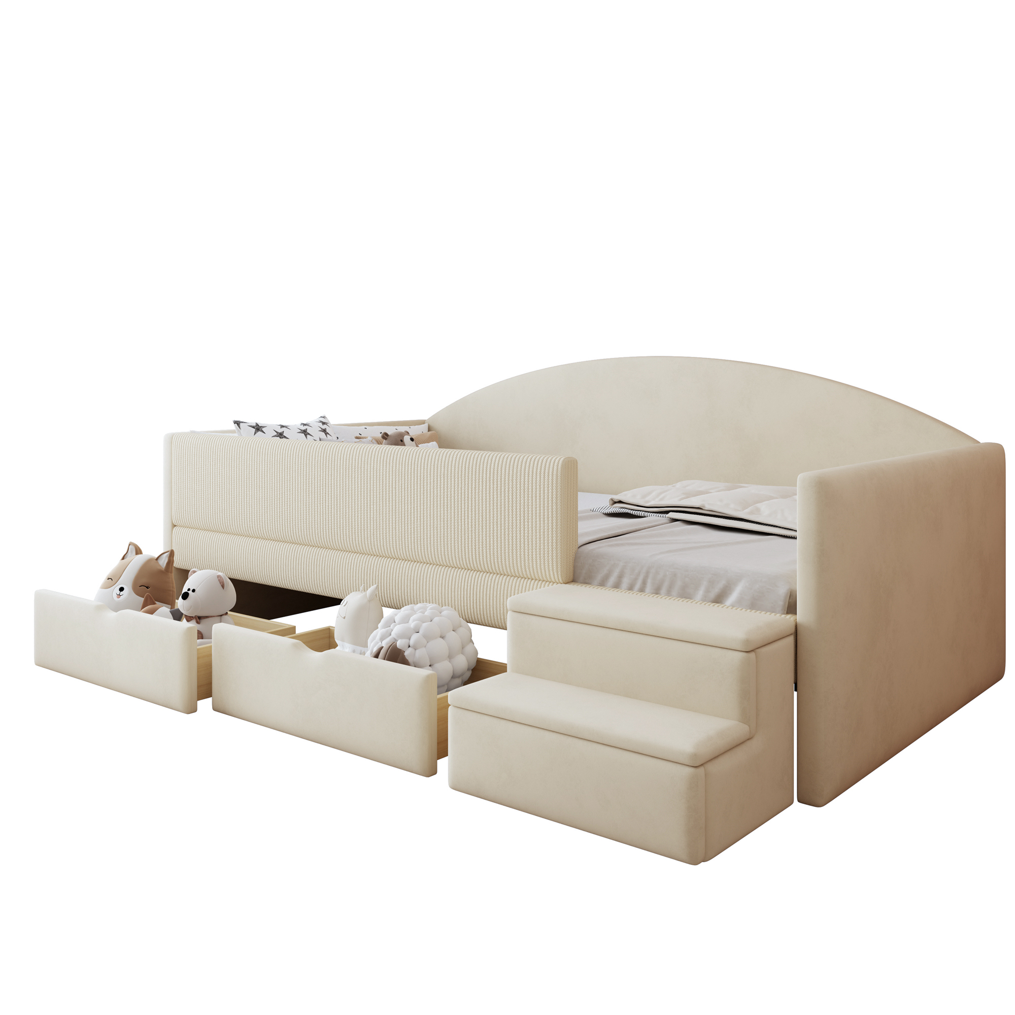 seng 90x190 cm beige upholstered med skuffer og sikkerhedsskinner