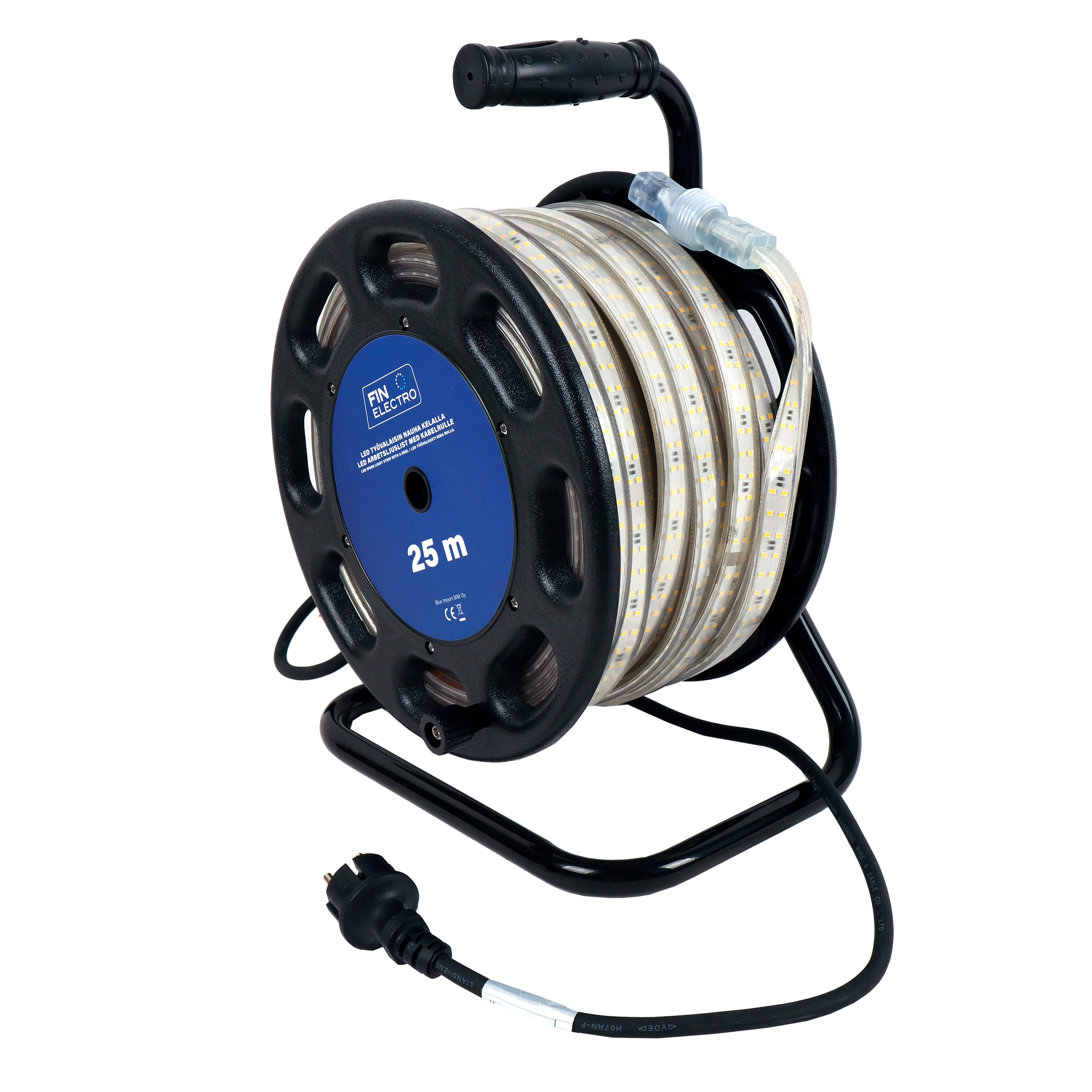 Finelectro Byggepladslysstrimmel 230V 25m 4000K 12W/m 1500lm/m på rulle med håndtag