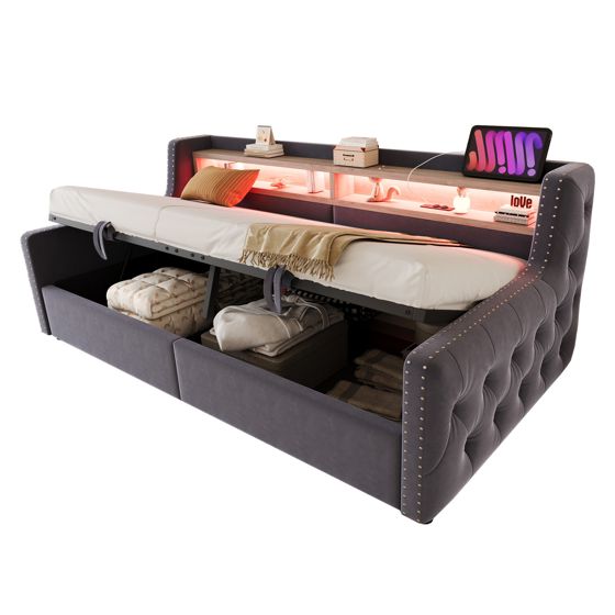 seng 90x200 cm mørkgrå fløjl metal og MDF med hydraulisk opbevaring LED-belysning og lattenrodsunderlag