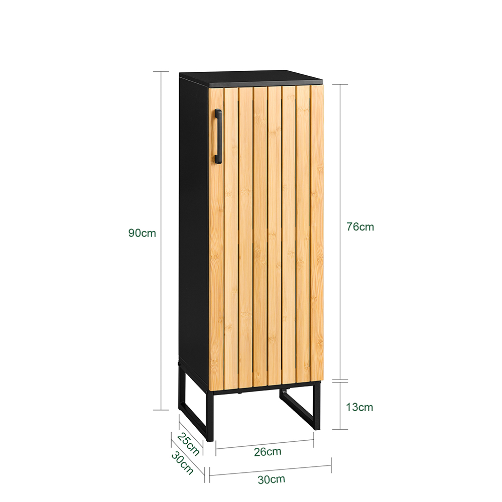 SoBuy Badeværelse Pladsbesparende lavt skab med bambusdør og justerbare hylder Badeværelsesskab, toilet, køkken, indgang Moderne stil med metalben 30x30x90cm BZR203-SCH