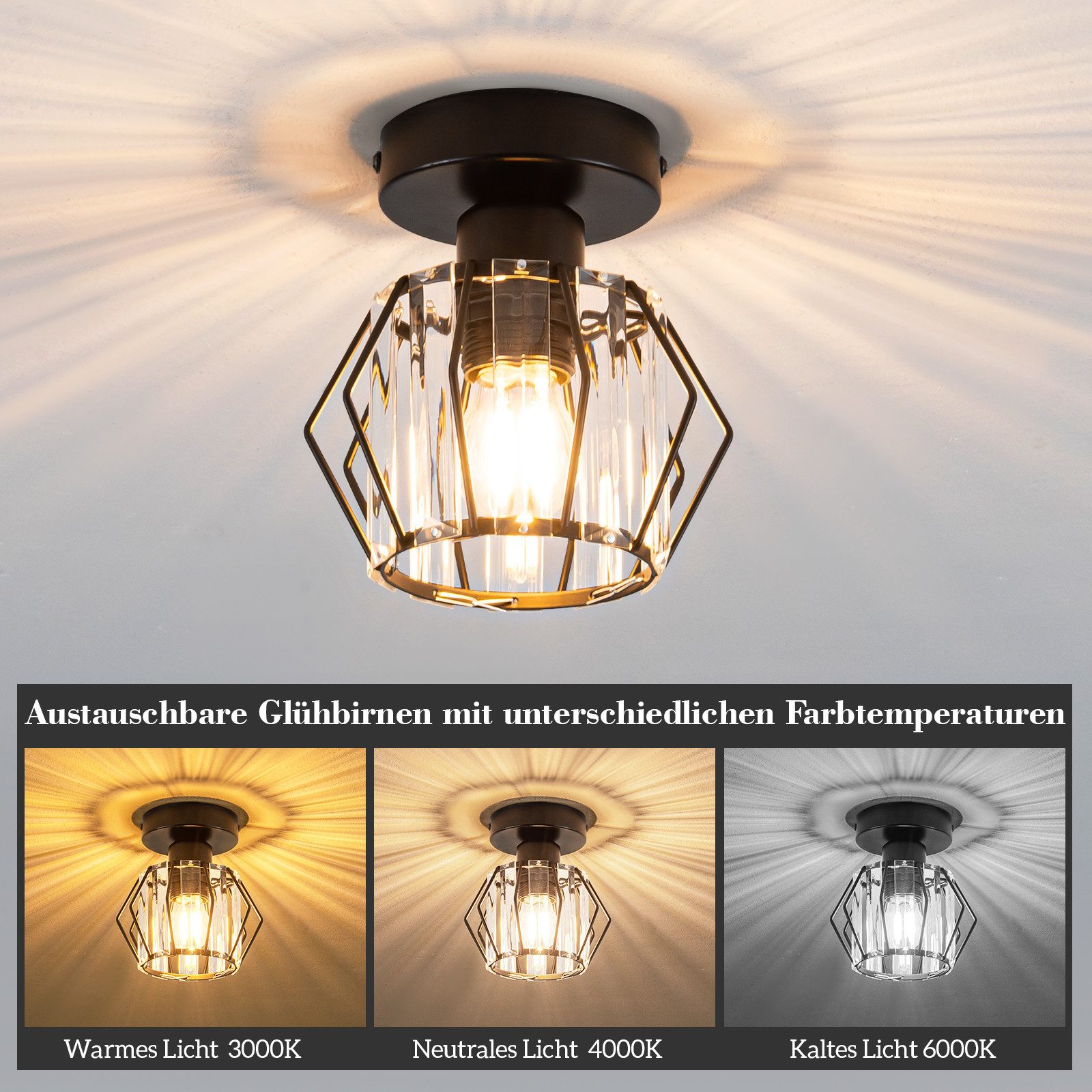 NETTLIFE moderne, sort, krystal loftslampe, E27, vintage - køkken, lampe, med metalramme