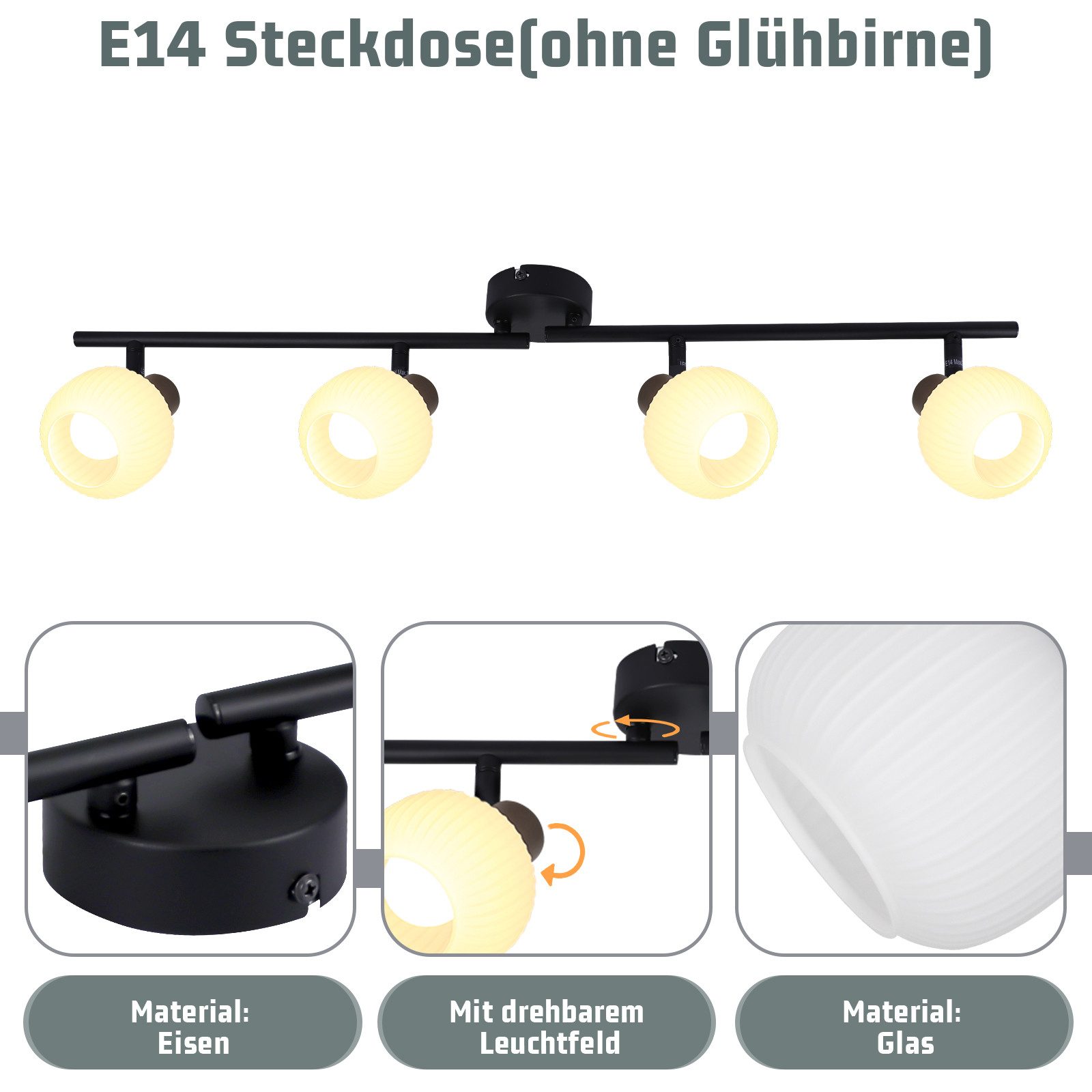 NETTLIFE hvid loftspotlight E14 loftslampe 4 pærer indvendig glasskærm justerbar spotlight