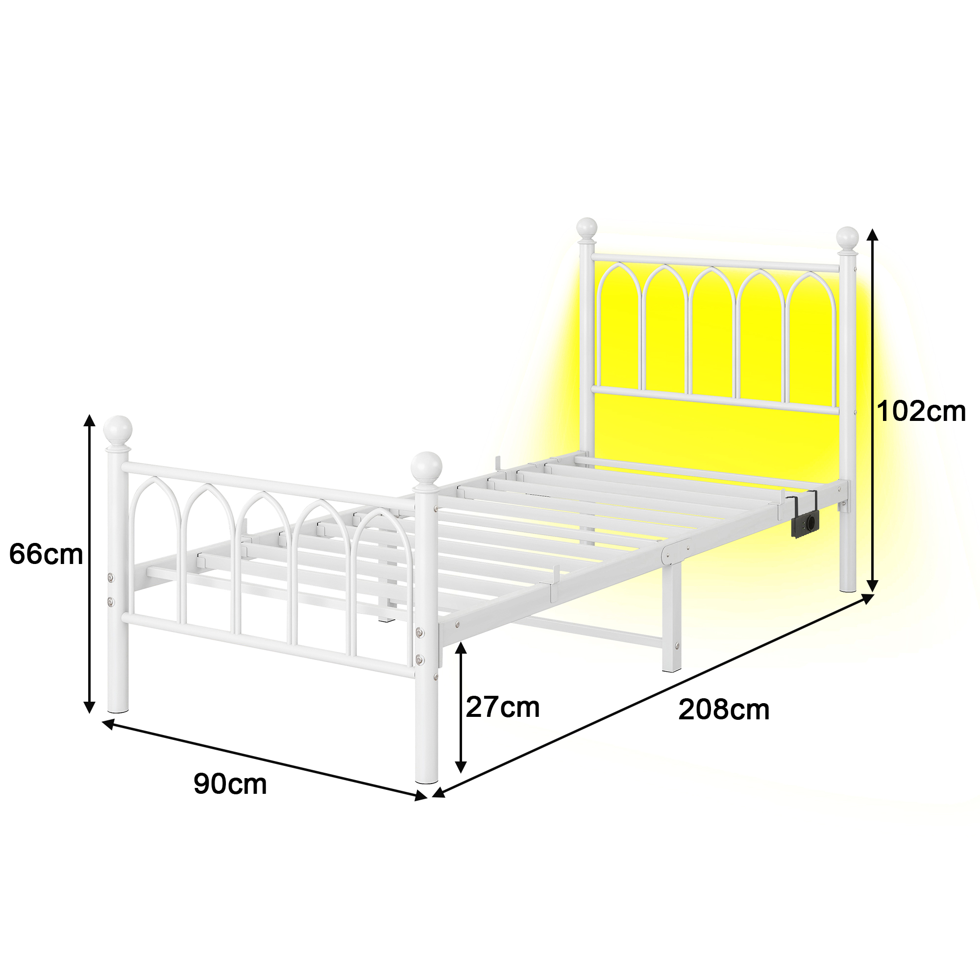 seng 90x200 cm hvid i metal med led-belysning og usb-ladestation