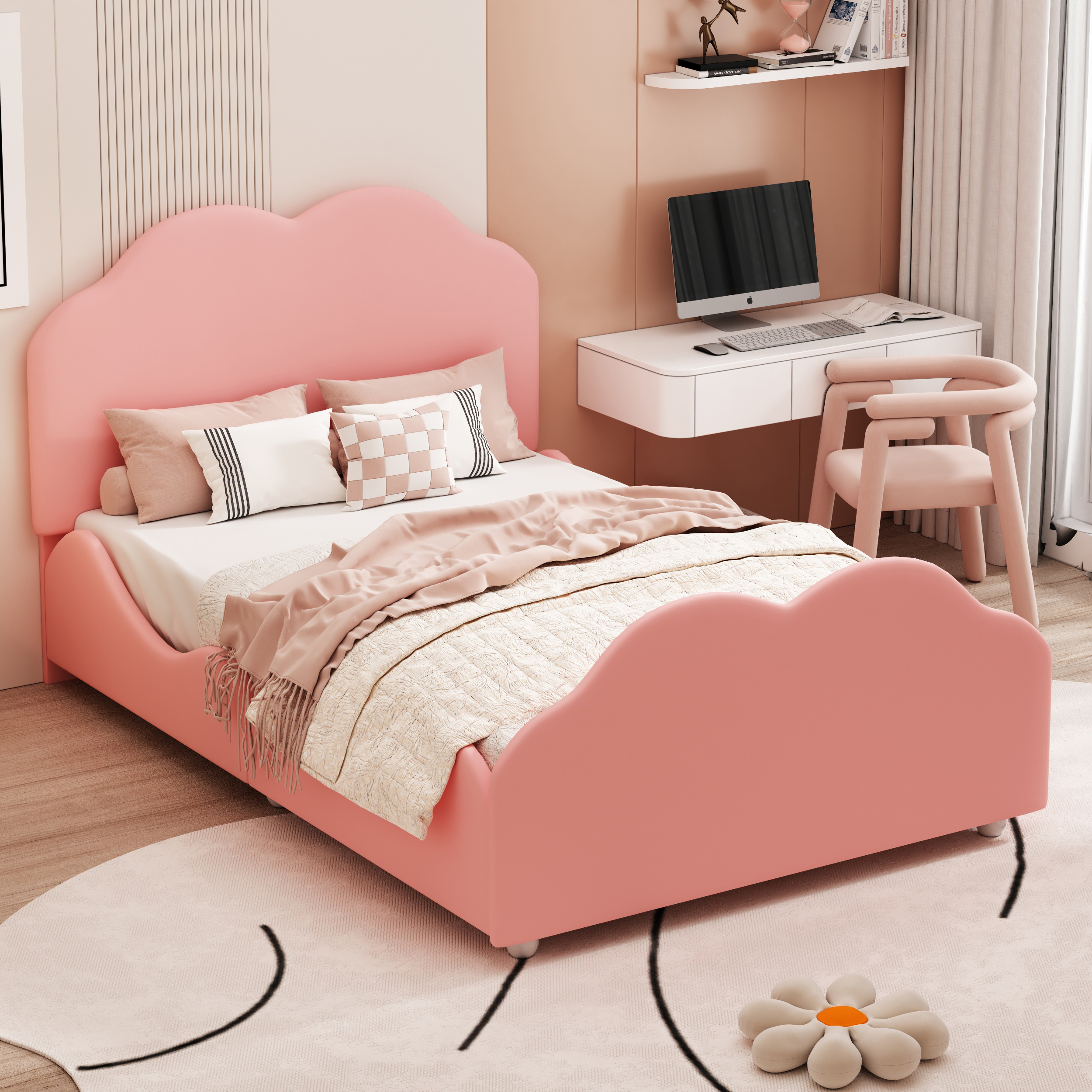 Polstret Børneseng 90 x 200 cm, Pink Fløjl, Højt Rækværk + Skyformet Gavl + Fodgavl