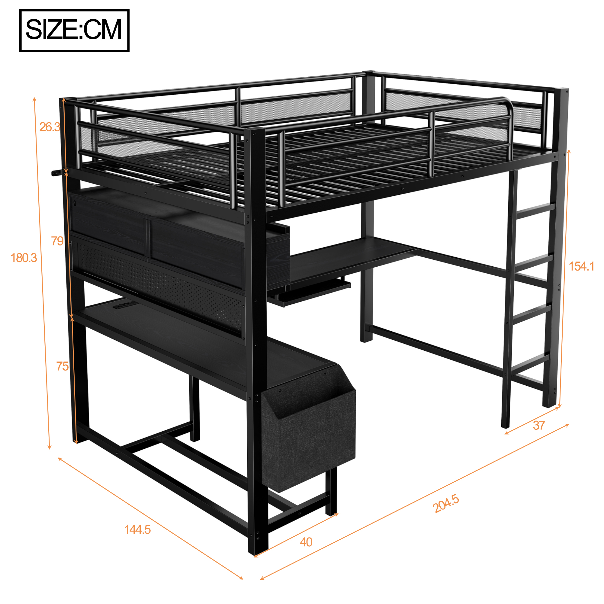 højseng 140x200 cm sort mdf og metal med skrivebord, staufag, led-belysning og ladestation