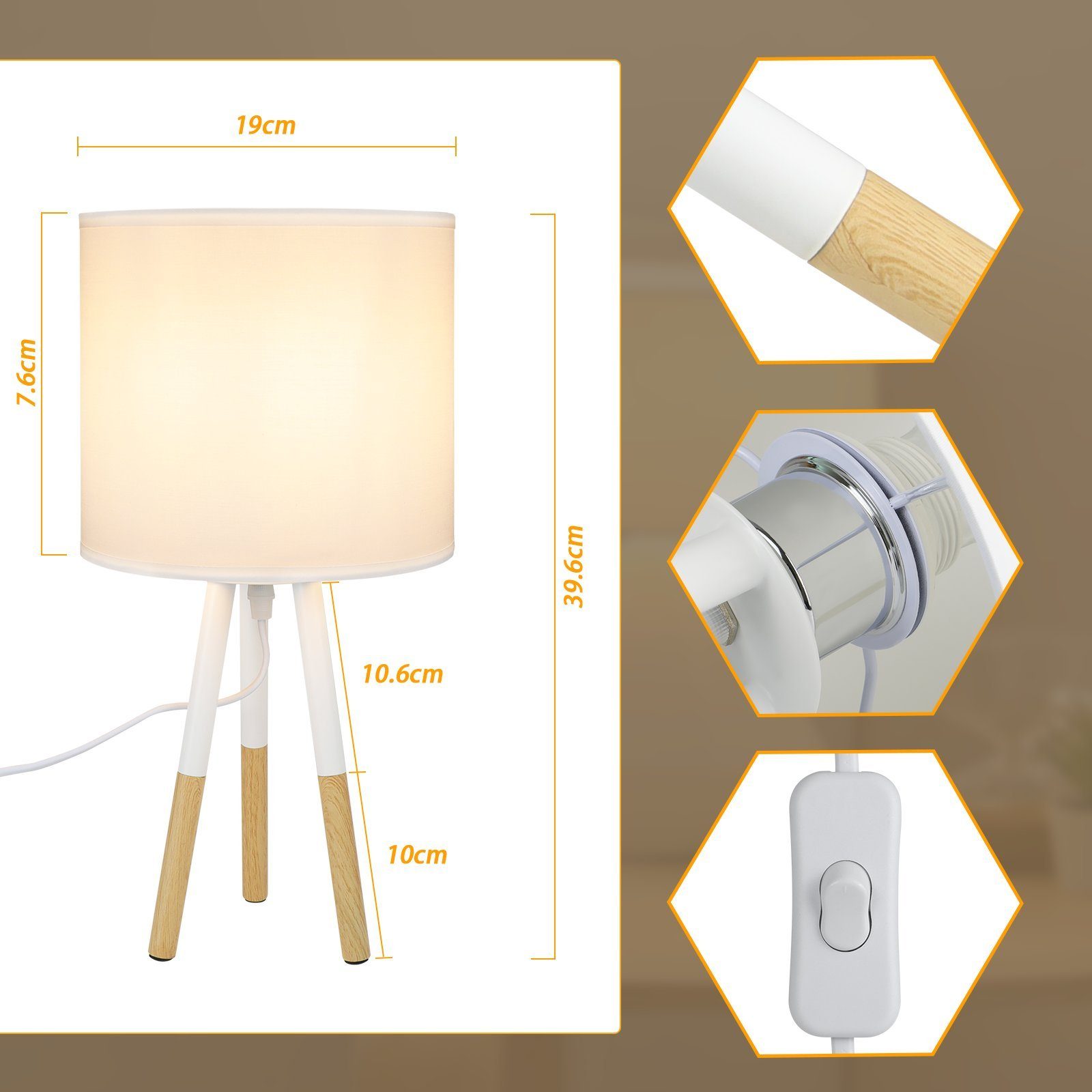NETTLIFE Natbordslampesæt, 1 stk., moderne bordlampe - Bordlampe til stue med stofskærm, E27-fatning, maks. 40 W, hvid