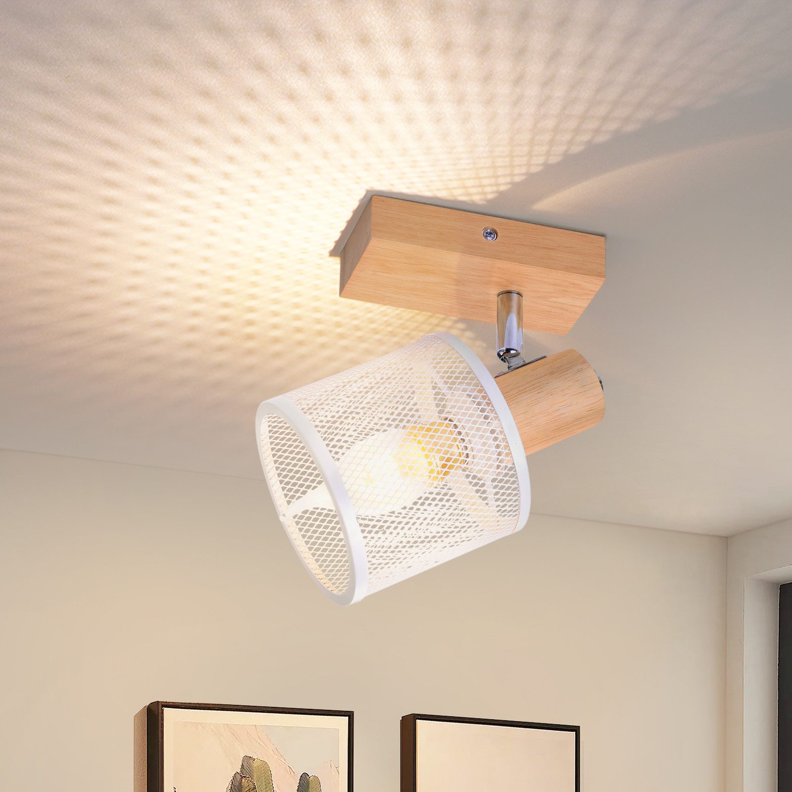 NETTLIFE loftlampe med 1 lyskilde, hvid og træmønster, justerbar 350°, 4 x E14, maks. 40 W, moderne til stue, soveværelse og køkken