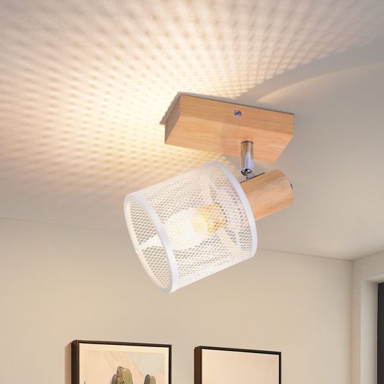 NETTLIFE loftlampe med 1 lyskilde, hvid og træmønster, justerbar 350°, 4 x E14, maks. 40 W, moderne til stue, soveværelse og køkken