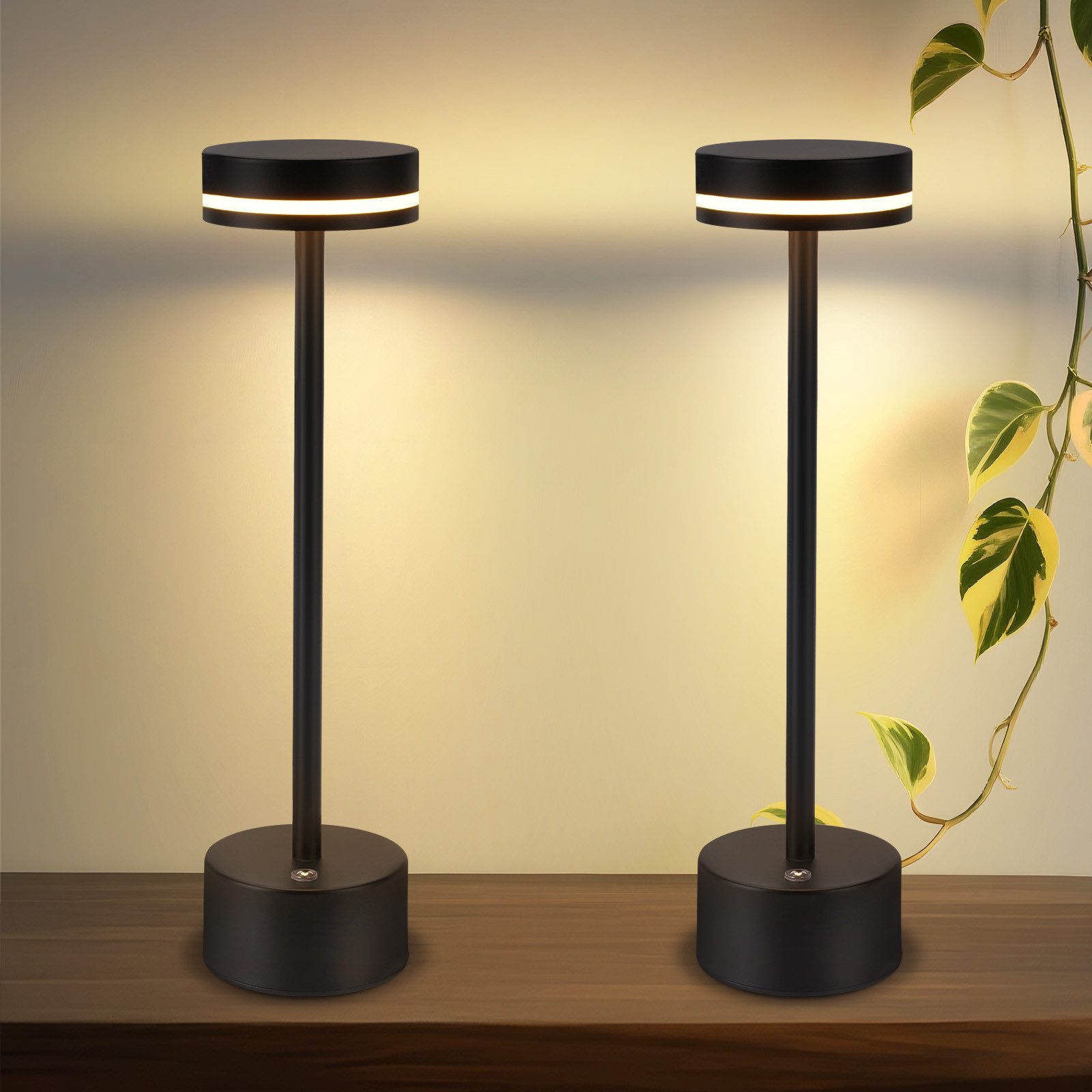 NETTLIFE LED-bordlampe, trådløs og dæmpbar. USB-C genopladelig, touch-betjening. Sort, 2 stk. Velegnet til soveværelse og kontor.