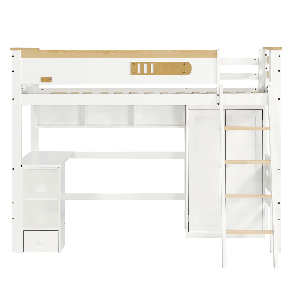Køjeseng 90 x 200 cm, hvid + naturfarve, fyrretræ, sikkerhedsgelænder + bord + garderobe + hylde + stige
