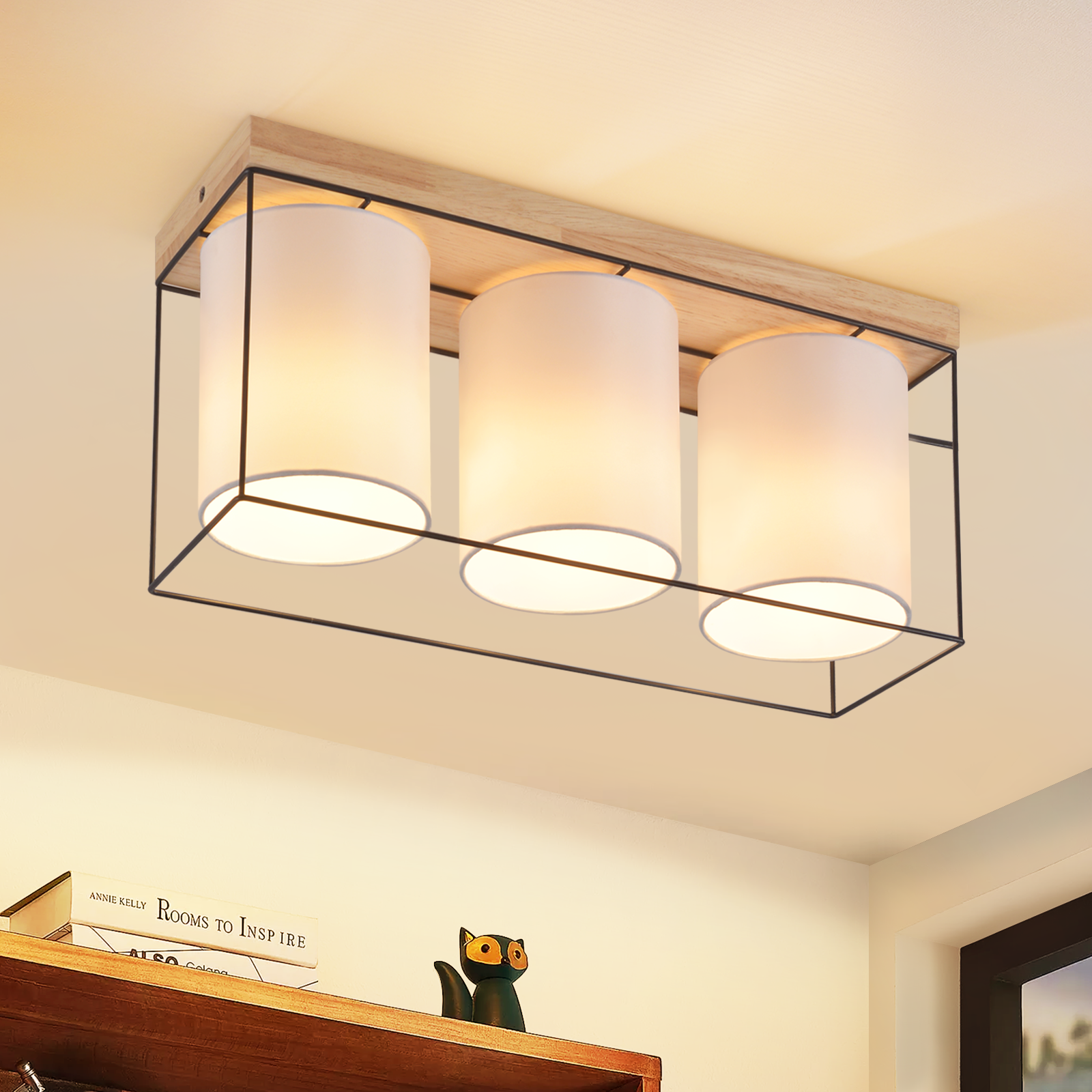 NETTLIFE Loftlampe til stue loftlampe i træ, 3 E14 pærer, vintage stil, retro - industriel stil