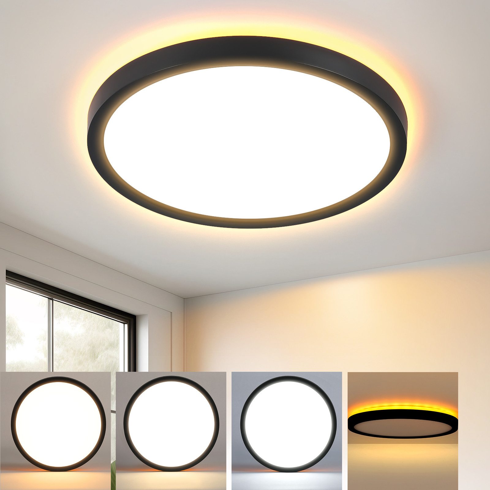 NETTLIFE sort, flad, LED loftlampe, 22 cm, 18 W, dæmpbar, til soveværelse og køkken, 3000K - 6500K