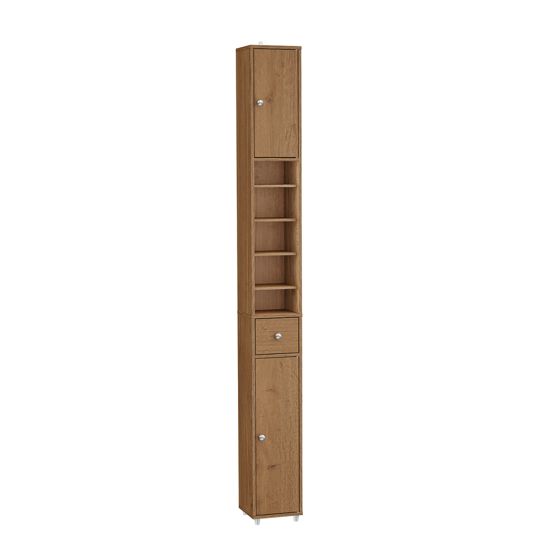 SoBuy BZR34-II-PF Smal badeværelsessøjle - vandafvisende, højt badeværelsesskab med justerbare hylder og skuffe - pladsbesparende skab i træ, træfarve, 20x180x20cm