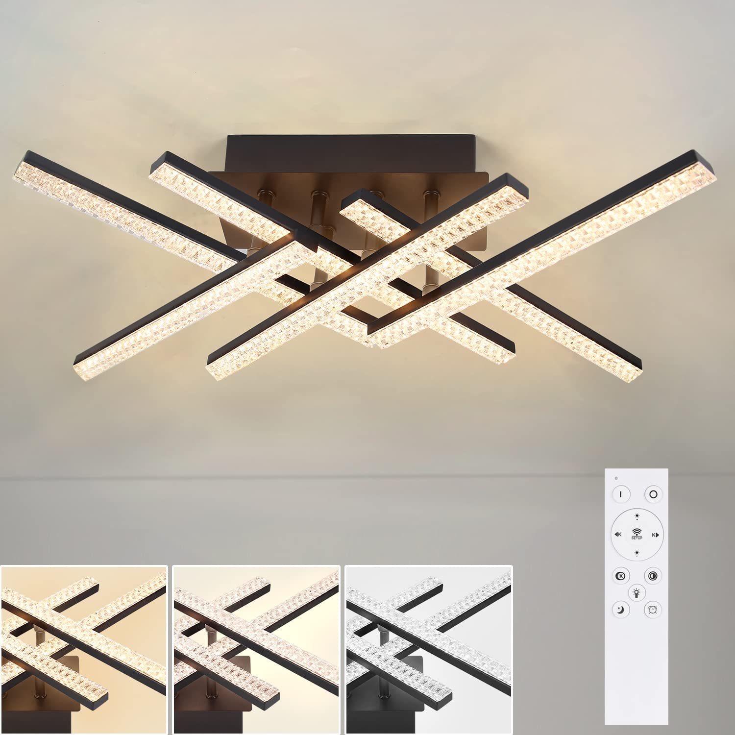 NETTLIFE LED - loftslampe, moderne stue, lampe 50 cm sort, lampe med fjernbetjening, 36 W krystallampe til soveværelse